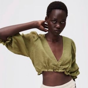ZARA Olive Green Linen Ruffle Puff Sleeves Cropped Top Women’s Size Medium NWT